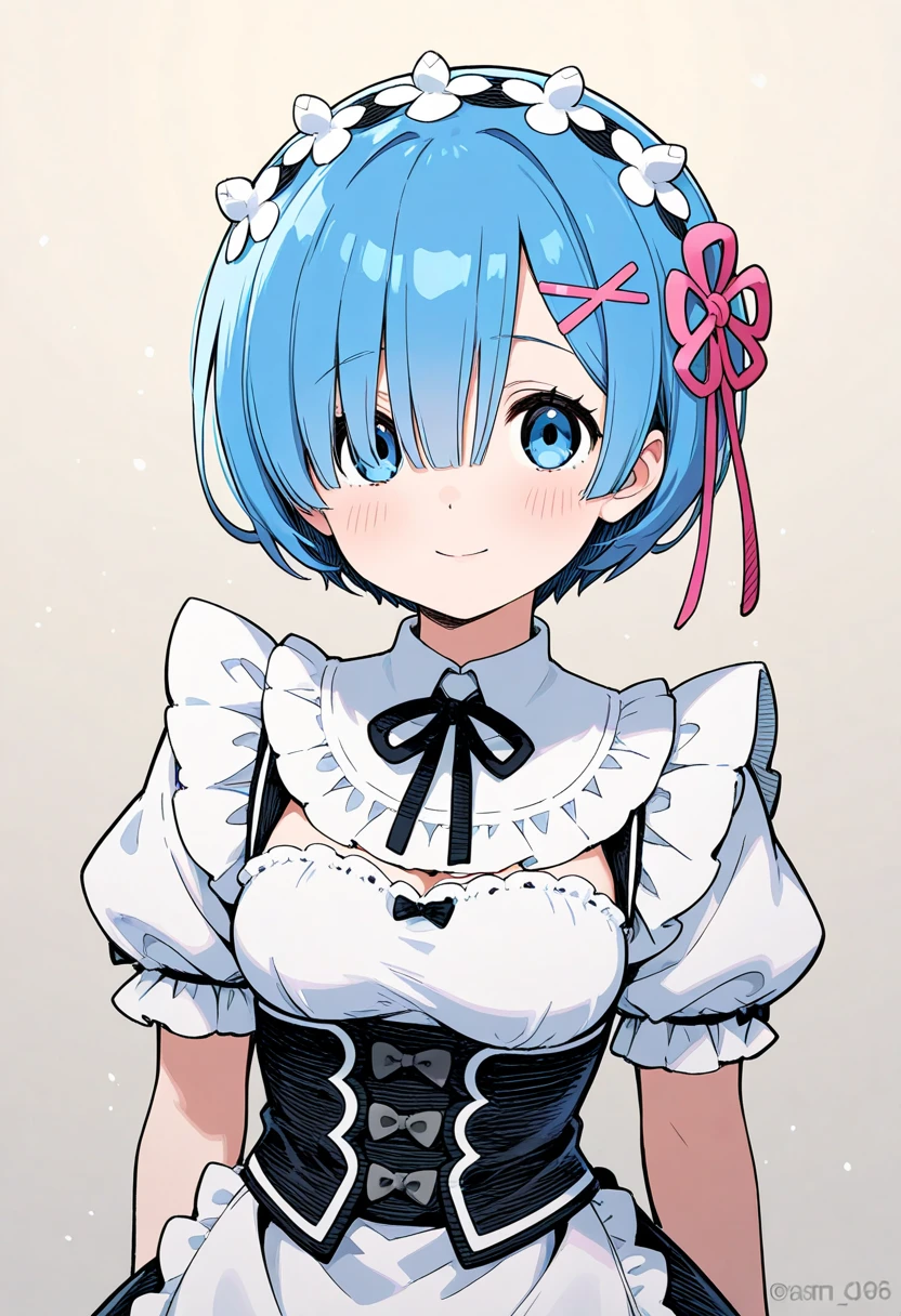 <lora:Rem Illu:1>1girl, solo, 
r3m, short hair, blue hair, blue eye, hair over one eye,
roswaal mansion maid uniform, upper body, smile, blush, looking at viewer, 
 <lora:cfg_scale_boost:0.7>, masterpiece, best quality