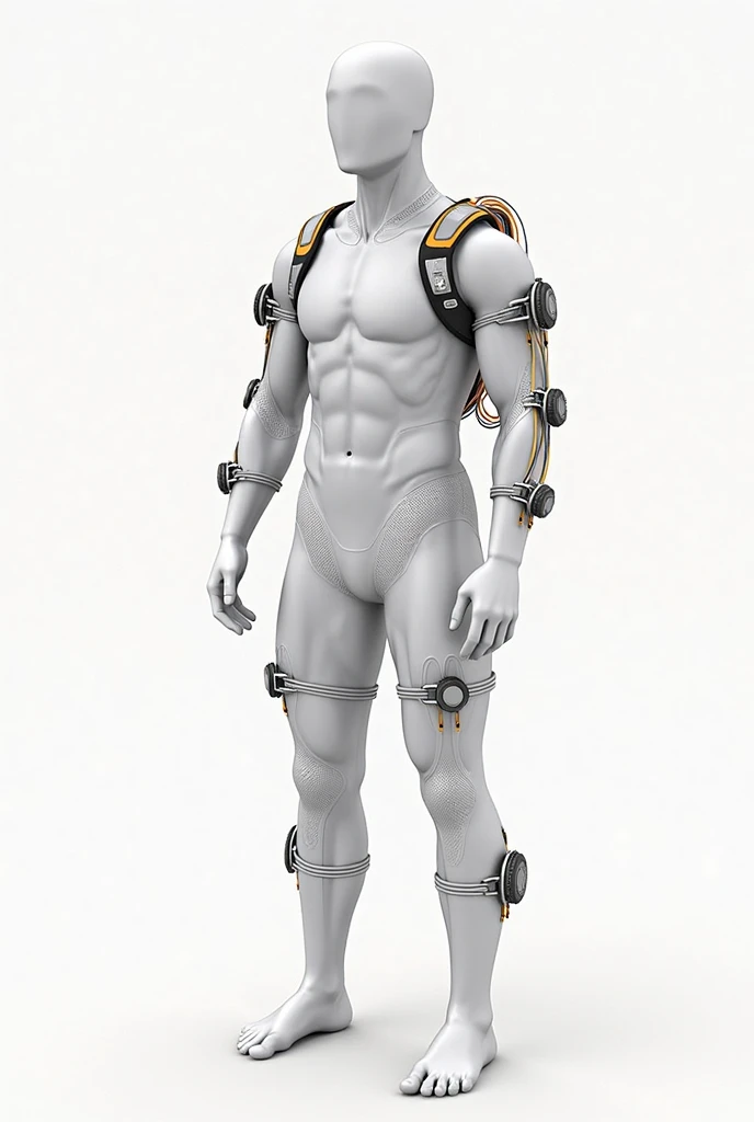 Handsome man 30 years old Japanese model Very short, cropped black hair Soft Macho White and blue mechanical parts attached to bare skin future Parts being attached to the bare skin on the right side of the body The right half of the body is bare skin with white mechanical parts Full body portrait Human body transformation Nude, white and blue android parts being fitted Naked with white exoskeleton mechanical parts Half-body nudity