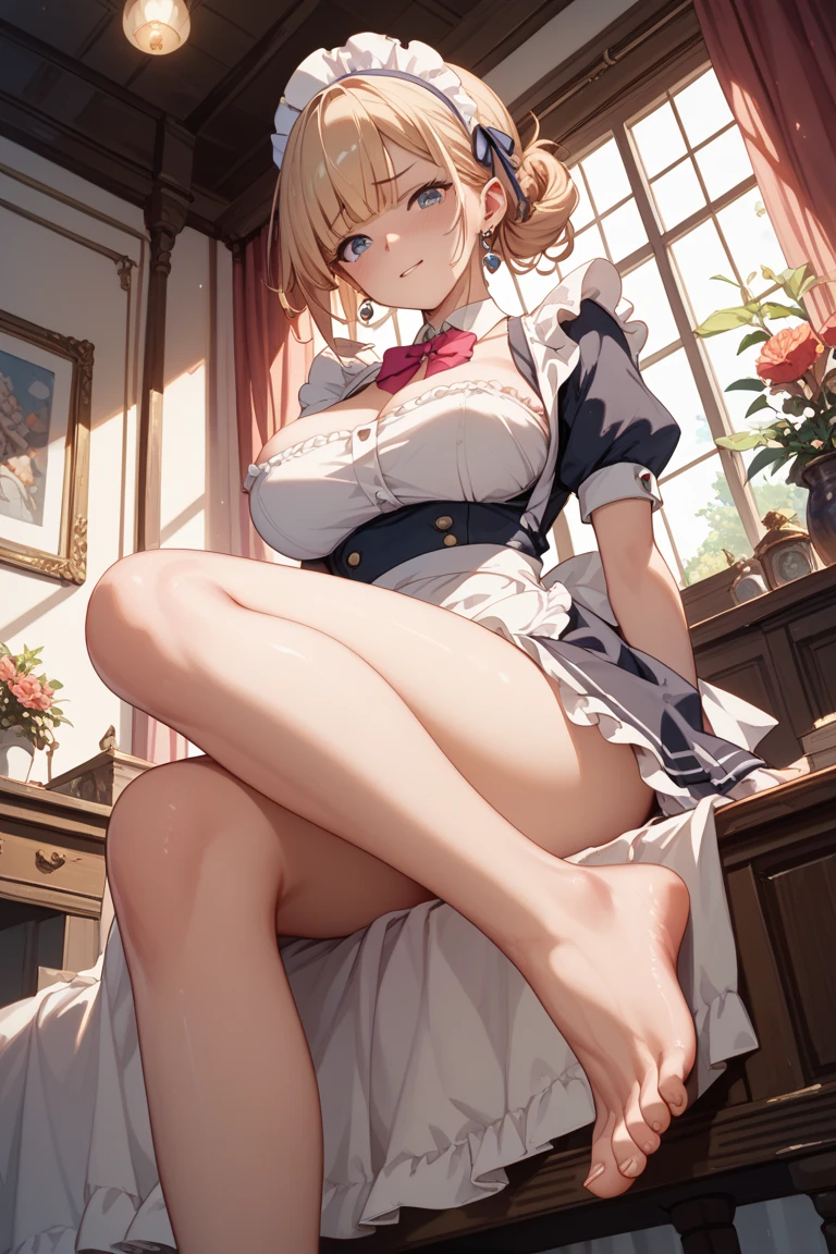 (surreal), (figure), (High resolution), (8K), (very detailed), (best figure), (beautiful and fine eyes), (highest quality), (Super detailed), (masterpiece), (wallpaper), (detailed face), alone, (dynamic pose), 1 girl, white wavy hair on the chair, Korean, unusual eyes, small mole under the eye, ((short apron)), medium breasts, long legs, tighten your abdominal muscles, (camel toe), (No panties), (No bra)
