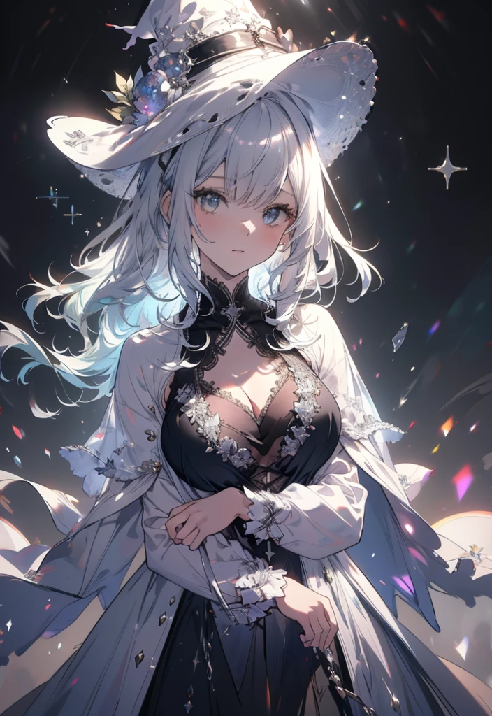 High definition RAW color art, animation,sculpture, silver marble skin, (((Highly detailed and elegant))), magical atmosphere, fine skin, texture,(intricately detailed, small details, Ultra-detailed art), Depth of the bounds written, Bokeh, silky touch, hyper detail, (Shining white), beautiful eyes, elegant face,  (From the waist), Glowing background, big breasts, magic, downtown, magic hat,  looking for , Ruffled black bra, portrait, all white, gray background:1.3, looking for back