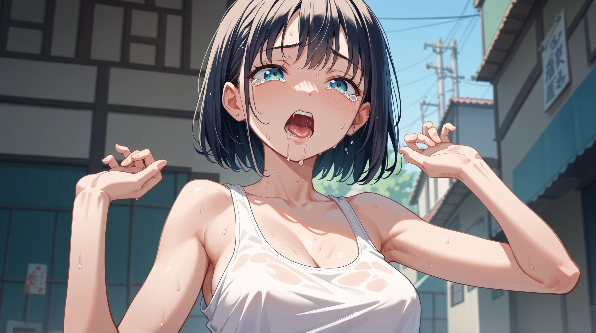 Browsing Caution,((Perfect Anatomy,Realistic,:1.3,Raw photo:1.3,masterpiece、Highest quality、Ultra - High resolution、High resolution、Extremely detailed CG、8K)),Cowboy Shot,1 female,alone,20 year old beauty,((Beautiful and exquisite face and eyes,Big beautiful eyes),Dark brown eyes,Are crying,Open your mouth,Drooling,((Brown Hair,Long Hair,amount,Center parted hair:1.2、Straight hair)),(Medium chest,Slender body,Small Head:1.3,skinny,Sunburn,Glowing Skin,Oily skin,Shiny skin,Sweat:1.7), break ,(((Cheerleader,blue Cheerleader uniform,Love Juice:1.3,Remote Vibrating Egg)),Are standing, break ,Audience seats、Arena、
