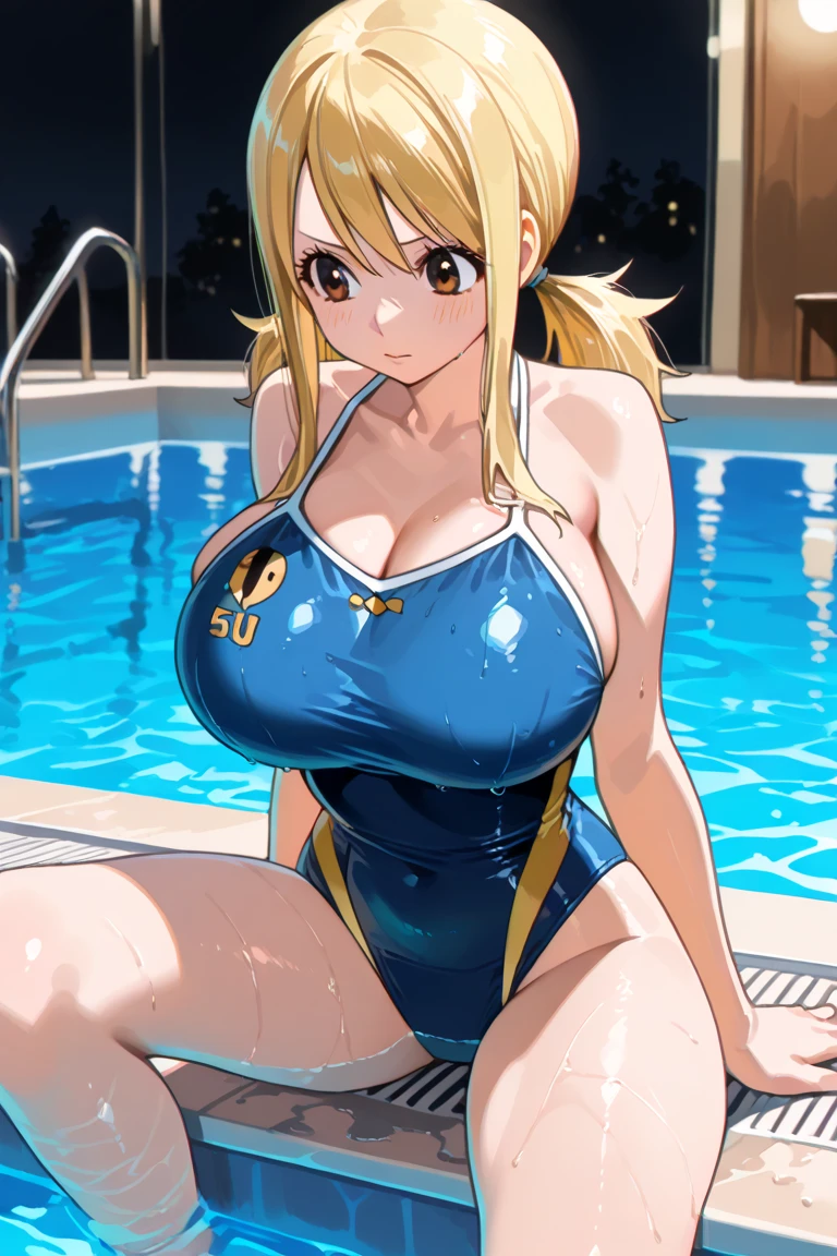 aasena,long hair,hair ornament,(shiny Competition swimsuit),smile,blonde hair,indoor pool,(large breasts:1.5),(shiny,hair),((solo)),((masterpiece)),((best quality)),perfect anatomy,slim waist,perfect image,8k UHD,(beautiful detailed eyes:1.5),extremely detailed face,standing,(upper body:1.1),(look at the front:1.1),arms behindback,ultra-detailed,absurdres,highres,