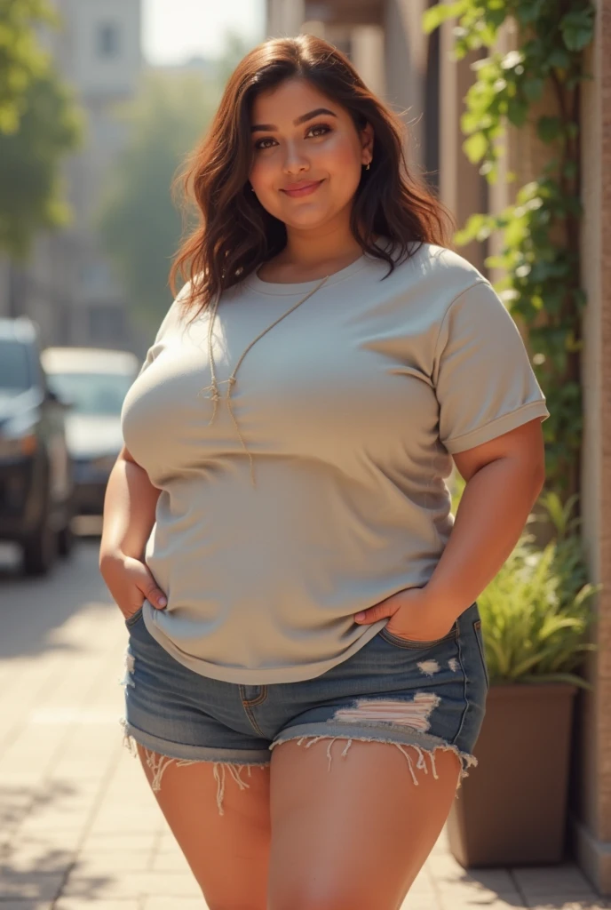((plus size fat white woman)) ((straight light brown hair)) She wears a red and black flannel blouse, jeans and a red all-star. she is alone in front of a motorcycle club at night. She has her mouth closed. perfecteyes eyes.