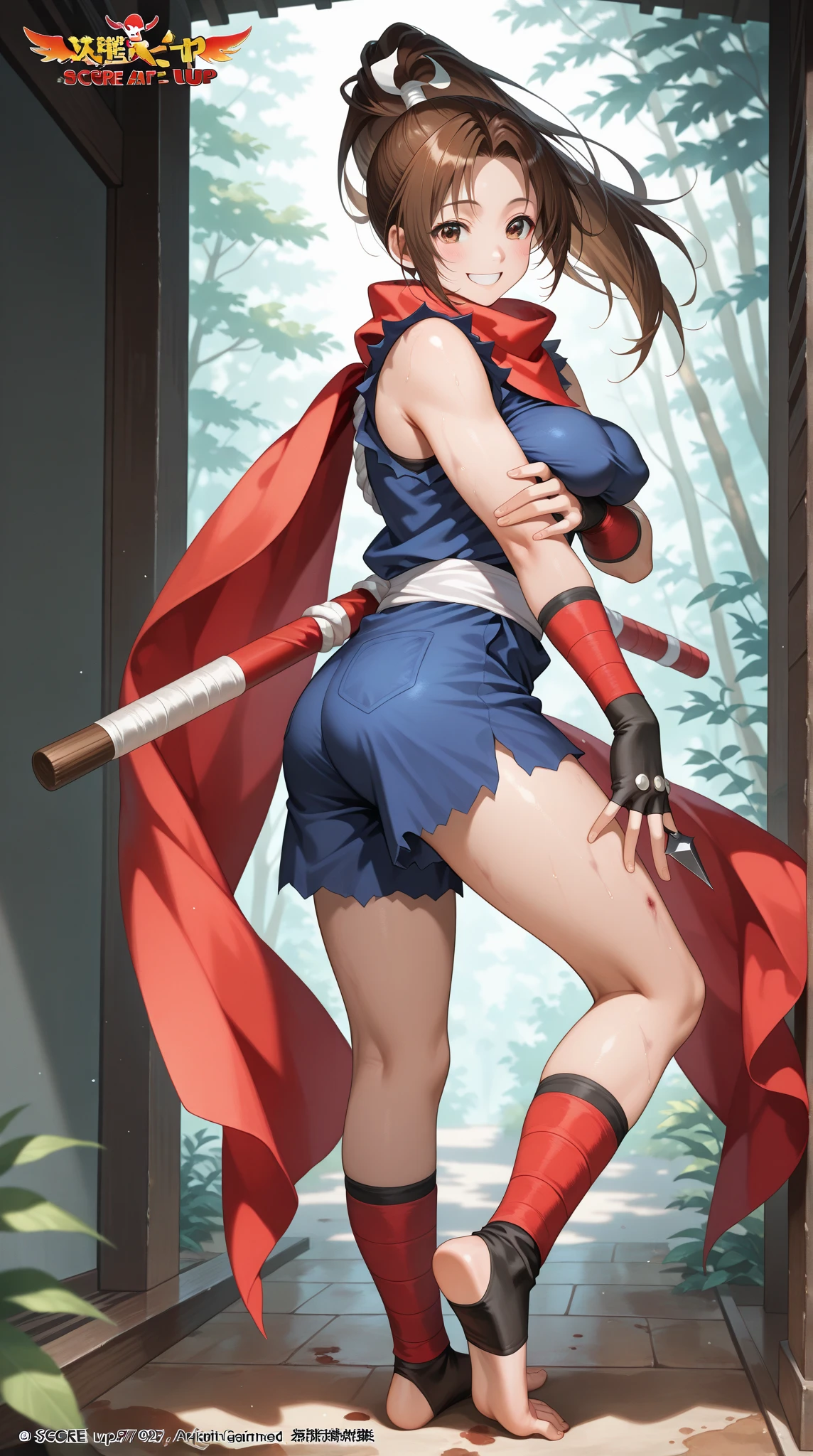 Crotch focus, High resolution、One Girl、Low length、thin、With a whip、Navy blue short robe、belt、(Leopard print panties)、DQ6 Barbara、High Ponytail、(((Beautiful white skin)))、Orange Hair、Thighs、Angle from below、Captivating smile, (Footjob)、Heart symbol、Kadavu_DQ6