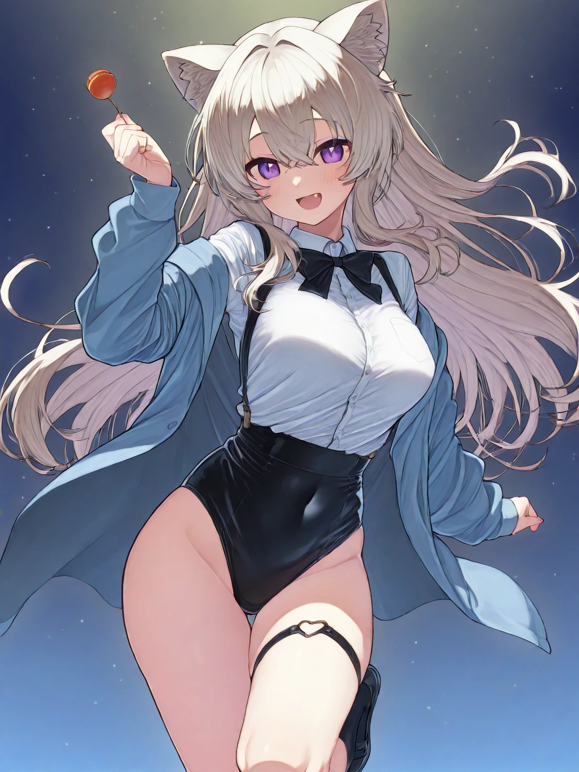Full body portrait　Peeking out the skirt from below、A beautiful woman with mature charm、Perfect Anatomy、Silver Hair、Long Hair、Shiny Hair、Lip gloss　Open your mouth and stick out your tongue　Ecstatic expression　conversion　look up　Please open your mouth wide, Sticking out tongue and drooling　Short Bob　squint　Ahegao　Unfocused eyes　Standing with your legs apart　(Huge breasts,Saggy breasts:1.5}、Very large detailed breasts、Very beautiful beauty　Tight mini skirt　Knee-high stockings　Knee-high socks　garter belt　color々なcolorの下着