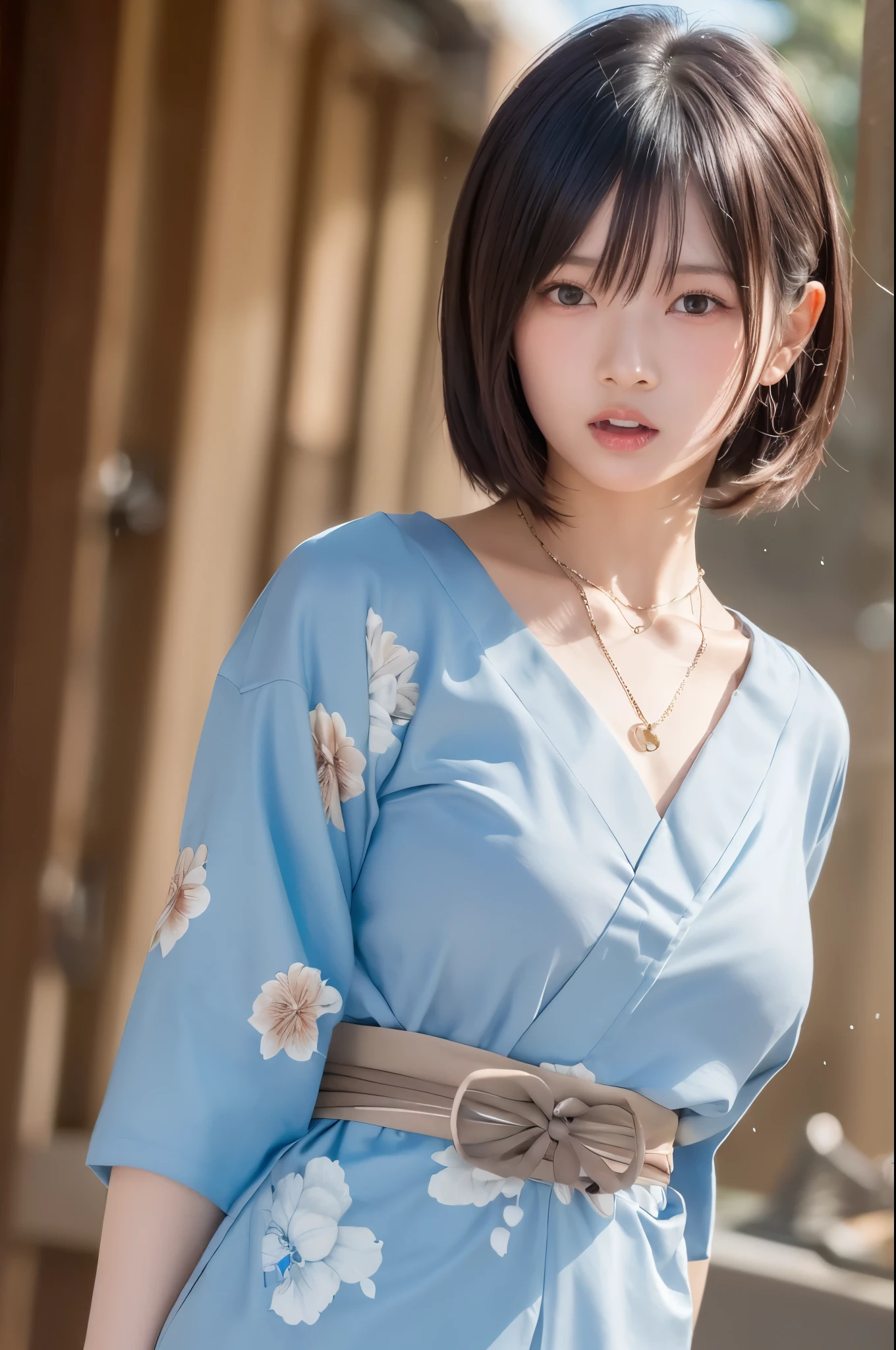 (top quality、8k、32K、masterpiece)、(realistic)、(realistic:1.2)、(high resolution)、very detailed、very pretty face and eyes、1 、round face、tight waist、Delicate Body、(close、top quality、attention to detail、rich skin details)、(top quality、8k、oil:1.2)、(realistic、realistic:1.37)、bright color、(((I have brown hair )))、(((cowboy shot)))、(((short hair)))、(((angry expression)))、(((brown hair)))、((It's a white and light blue yukata)))、(((I'm wearing a floral yukata)))、(((sweaty skin by SJRW)))、(((I have brown hair)))、(((I'm wearing a floral yukata)))、(((I have bangs)))、(((crescent moon necklace)))、(((with my arms folded in front of my chest)))、(((I fit in the frame)))、(((Angry)))、(((I can see my teeth )))