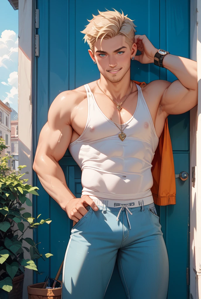 (A muscular 18-year-old boy musclegod with long hair, combining the attractiveness of Joey Lawrence and Cody Calafiore, confidently flaunts his perfectly sculpted physique in form-fitting athletic attire. Breathtaking masterpiece, 8K HDR, insanely realistic, tumblr)