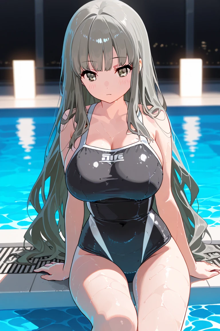 Plump girl, long silver hair, black eyes, big breasts, swimming costume, Age 18, human