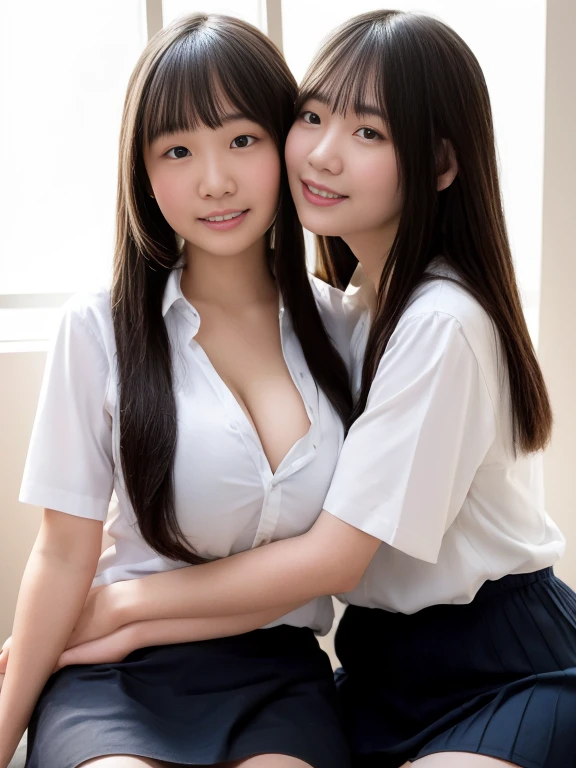 (Highest quality:1.3),Equal height、Young girl、Low length,In the classroom,Long black hair,Face to face, staring at each other,Embrace each other,Two bodies approaching、Photo of the two of them、Holding hands and facing each other、向かい合うPhoto of the two of them、Push each other、Put together、,Highest quality,Girl Two Girls、Girls facing each other、While hugging each other、、向かい合いEmbrace each other、Off the shoulder、Shorts、Super big breasts、Very large breasts、Big cleavage