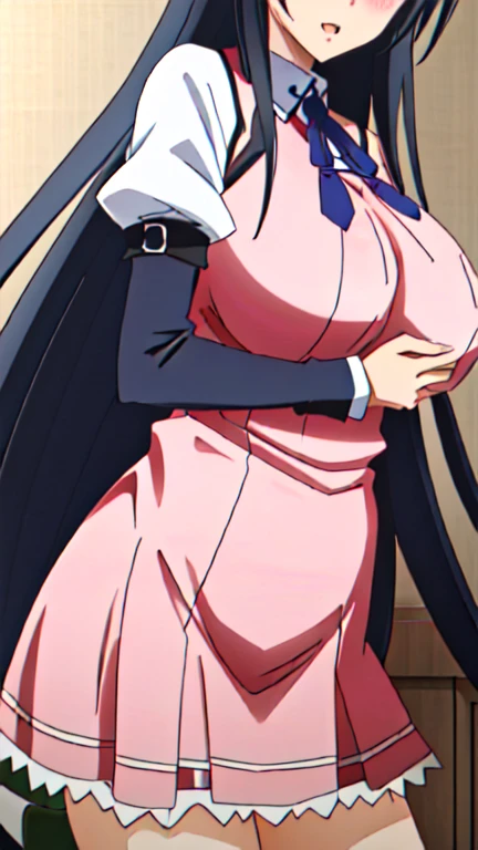 Appearance:
Race: Female Dark Elf
Skin: Dark
Eyes: Blindfolded
Expression: Smiling
Mouth: Closed
Body Type: Maternal
Chest: Large, covered with clothing
Pose:
Standing by a wooden pole, looking down at the viewer