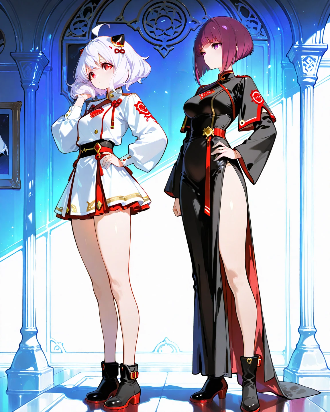 Concept art of anime character, young woman, 21 years old, white short hair, glasses, huge breasts, white fashion shirt, black leggings, full body, two poses, one dynamic pose, one static pose