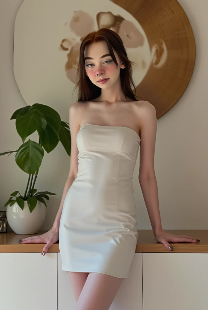 (8K、Raw photo、highest quality、masterpiece:1.2)、(realistic、Photoreal)、1 girl、((white dress、See-through、in the forest、sandals、bionde、I can see your feet、stand with hands on hips、belt、big breasts、Seen from the front、stand with legs apart、、lots of eyelashes、Glitter on your eyelids、skeletally correct、smile、standing with hands on hips、Exposing the breasts、Bare your breasts、Very large breasts