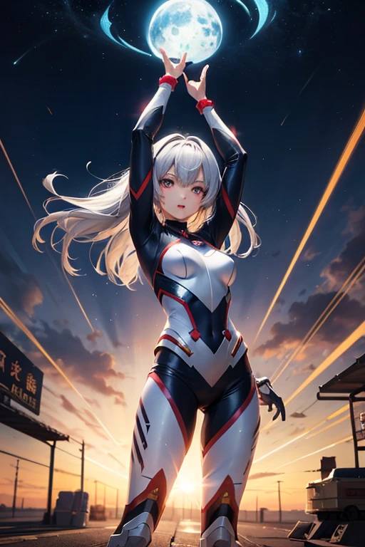 extremely detailed CG unreal engine 8k, best quality, (detailed fingers, detailed hands, detailed face), all intricate, 1girl, beautiful detailed girl, (ultragirl :1.0), ultraman bodysuit, leotard, bare legs, upper body, smile, thumbs up, stylish posing, hand on hip, standing, detailed buildings behind, outside (power, aura, red aura)