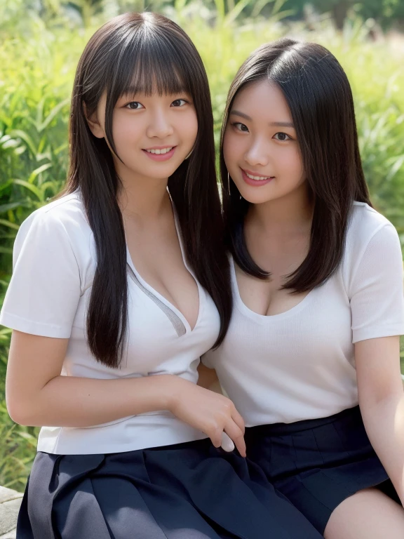 (masterpiece, realistic, photo-realistic:1.2), finely detail, ultra high res, perfect anatomy, best quality, 8K, soft focus, (embarrassed, happy smile:1.2), (2girls, 16yo Japanese short girl, nsfw, idol, nude, nipples, only wearing pleated plaid skirt:1.2), (black straight hair, short hair, blunt bangs:1.2), beautiful detailed face and big eyes, (glowing fair skin:1.2), (pointed huge breasts, gigantic breasts:1.2), (bloom, awesome detailed class room, sitting on school chair, wide window with sports ground scenery, expensive furniture, school desk:1.2), looking at viewer, shitting pose emphasized breasts, 2girls side by side, upper body shot,