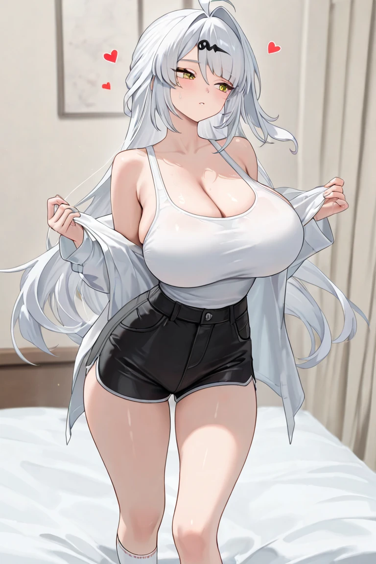 (chef-d&#39;artwork, best quality:1.2), unryuu \(kancolle\), 1fille, seulement, ((seins gigantesques)), clivage, long braid, single braid, messy hair, asymmetrical hair,  scrunchie, chemise blanche, chemise à col, jupe noire, Arms on the sides, debout, office lady, pencil skirt, short sleeves, white hair, very long hair, button gap, pantyhose, black pantyhose, dark-skinned female, indoor, heterochromia, blue eyes, green eyes, standing, 