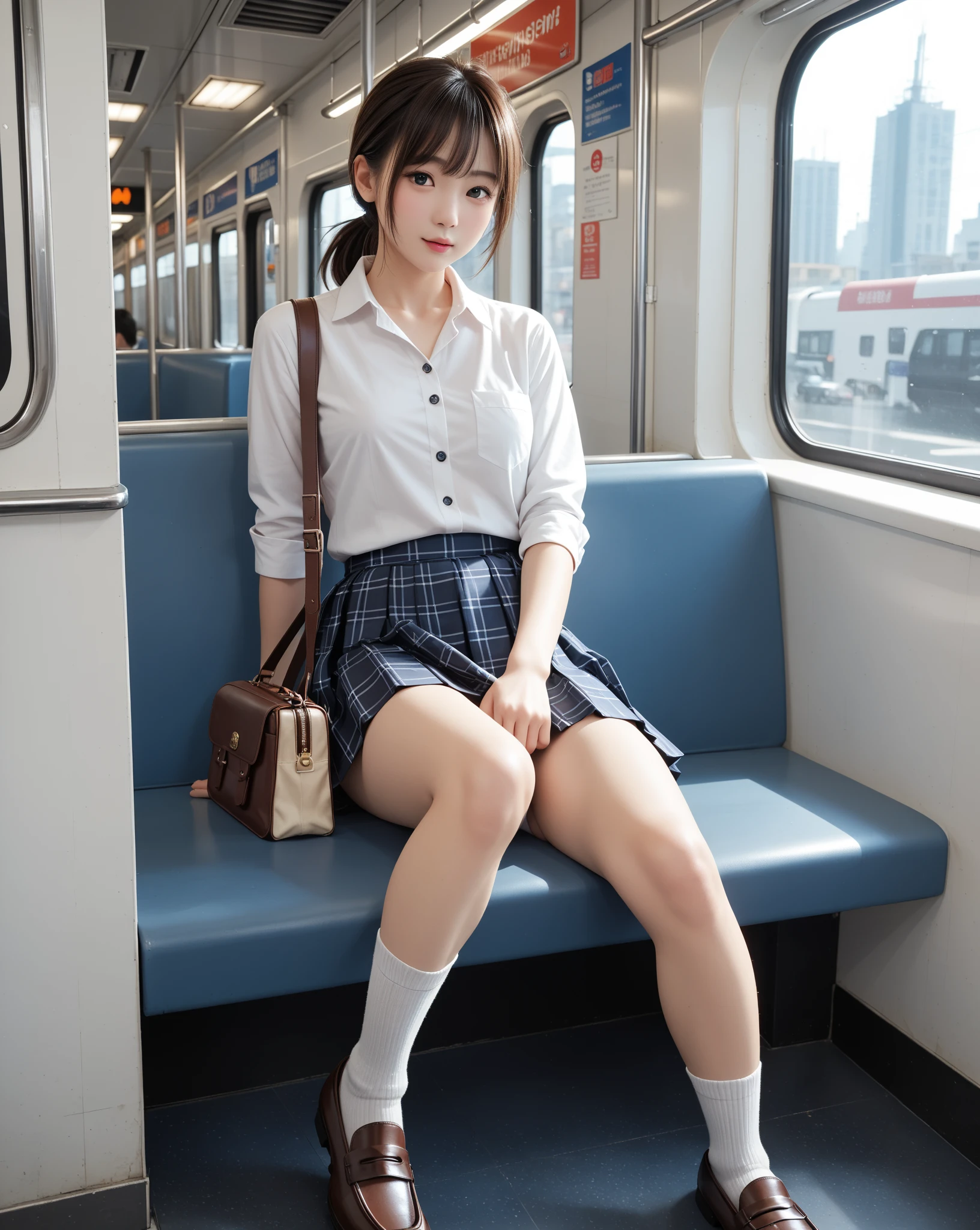 Highest quality, full body detail, golden ratio, (theater lighting: 0.7), masterpiece, viewer angle shot, ( 18 year old japanese girl student wearing school uniform), looking straight happy and slightly embrassing, (sitting on the train legs open wide), skirt lifting, showing up her panty by spreading her thighs (clear detailed panty), best thigh anatomy, full body, perfect face, (highly detailed skin), (blood: 0.7), accent lighting (backlight: 0.5),