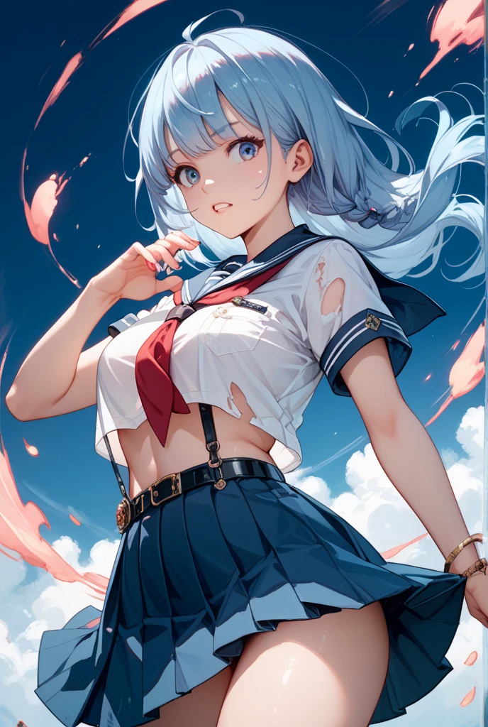 (1 Girl:1.2),(high quality), (High resolution), (Very detailed), (8k),(Demolition paperback correct)、Sexy Lingerie、Wearing a sailor uniform、((Focus on the whole body))、Nipple Shape、((Black Pantyhose))、Hair messed up by strong wind、Neutral White Lighting,Sexy pose、