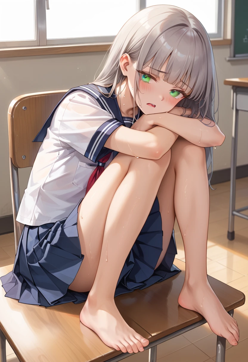1 girl、Masterpiece artwork、beautiful lighting、detailed gorgeous face、beautiful detailed eyes、high resolution、ultra-thin illustration、extremely delicate and beautiful、maximum quality、The whole body is shown、Feet first、(Uma MILF:1.2), ((squatting down:1.5)),Open knees、only, 30s,white-skinned, (silver hair, rhombus stripe ,hypdertailed,Eyes red),, curved, (shiny hair, glare eyes, shining skin), Laught, a smirk, (shining skin:1.2), 、thighs thighs thighs thighs、((squatting down、legs spread open))、facing forward、((sailor clothing)),Pichi Pichi Clothing、taxax、skirt short、uniforms、The navel is visible、pelvic curtain、Underarms、a smirk、black thighighs、Watch your audience、Under 、corou、sweating、jewelry、thick thighs、Separating the lips,pantyhose、blush cheeks、on tiptoe、lowfers