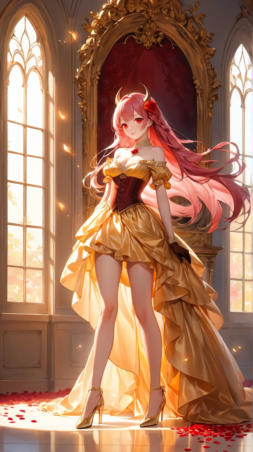 Highest quality, masterpiece, 8K, anime, 1girl, High resolution, full body shot, auburn hair, emerald green eyes, makeup, high heel shoes, bare legs, white princess dress, large breasts, standing pose, ruffled skirt, large thighs