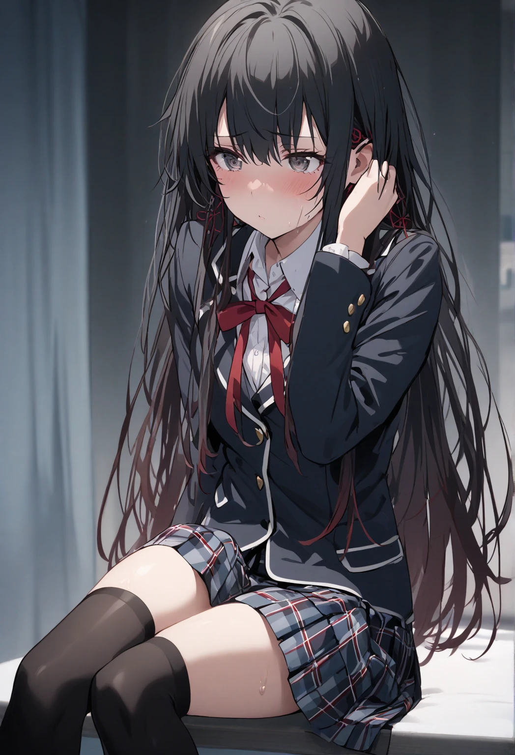 NSFW,masterpiece,Highest quality,High resolution,Super detailed,Yukinoshita Yukino\(My Youth Romantic Comedy is Wrong as Expected\),Black Hair,Long Hair,Light blue eyes,uniform,mini skirt,High quality lace open crotch panties,Small breasts,Dissatisfied face,Embarrassed,blush,Inside the train,(Middle-aged men),(Being molested),Being touched,Fingering