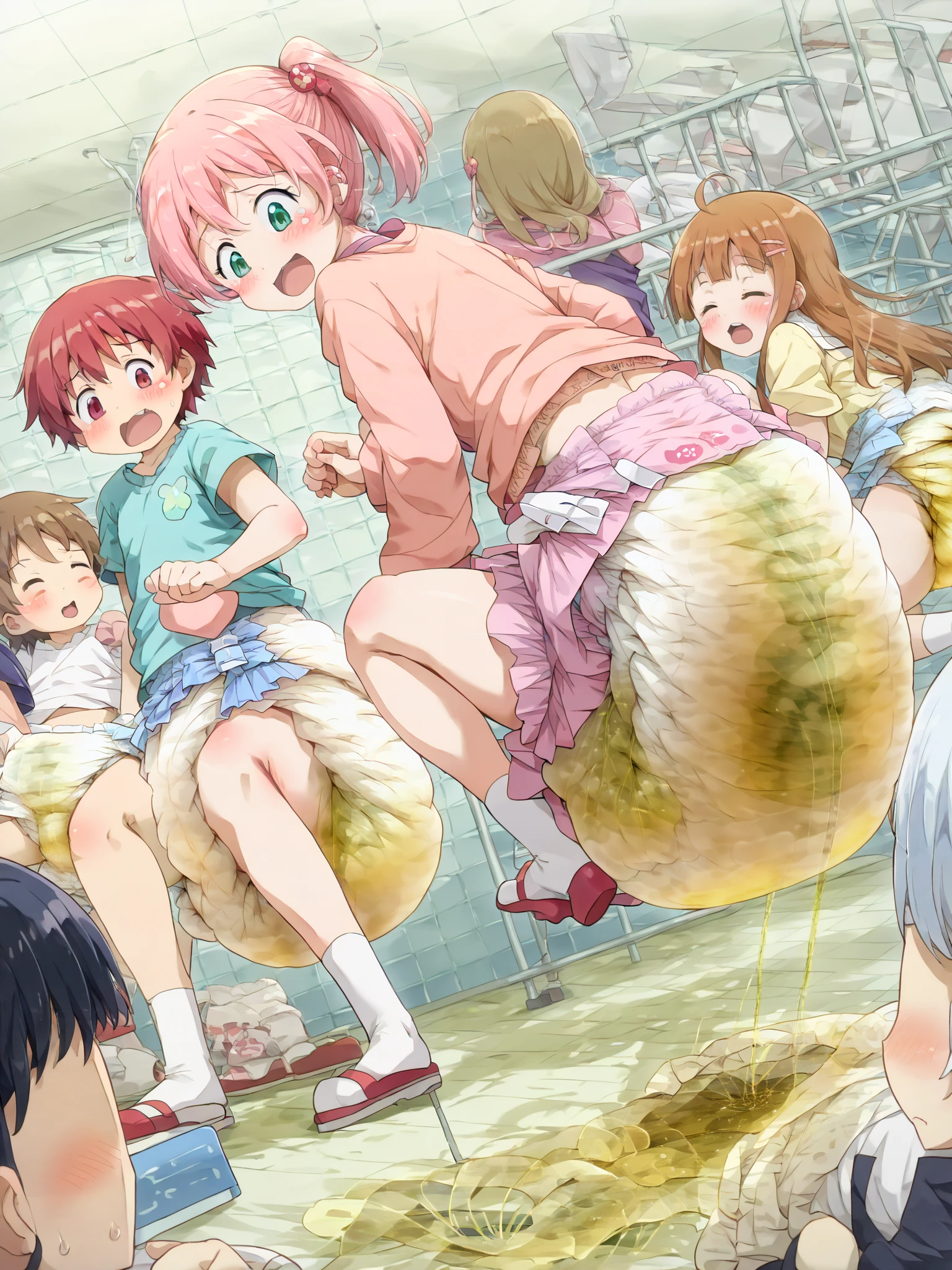 An 18 year old human girl, BREAK (completely nude:1.2), (naked:1.2), Wearing white ankle socks only, running away from a group of zombies. full body view, front shot, full body in scene, (Masterpiece)), (Super detailed), Top quality, High quality, High resolution, (Complete anatomy), (masterpiece:1.2), (best quality:1.2), (perfect anatomy), perfect five fingers, beautiful detailed short hair, looking at viewer, surprised, clear and detailed face (embarrassed, panicking, upturned eyes, full-face blush, open mouth, parted lips:1.3) trying to cover up. Zombies behind her, running away, running away from a group of zombies, zombies apocalypse
