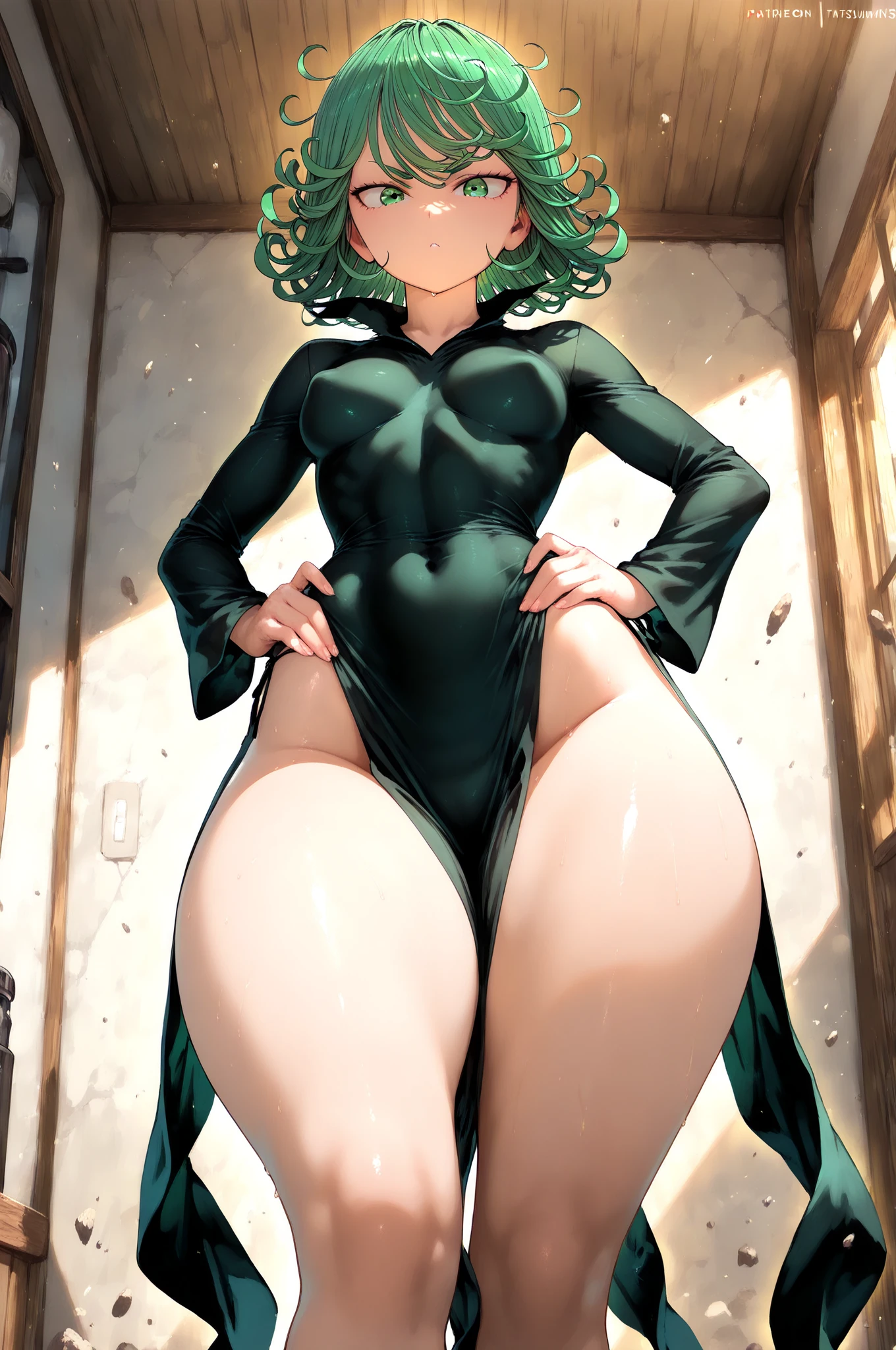 tatsumaki, tatsumaki, (large breasts:1.2), large ass, bra, panties, black bra, black panties, , BREAK indoors, office, BREAK looking at viewer, BREAK (masterpiece:1.2), best quality, high resolution, unity 8k wallpaper, (illustration:0.8), (beautiful detailed eyes:1.6), extremely detailed face, perfect lighting, extremely detailed CG, (perfect hands, perfect anatomy),