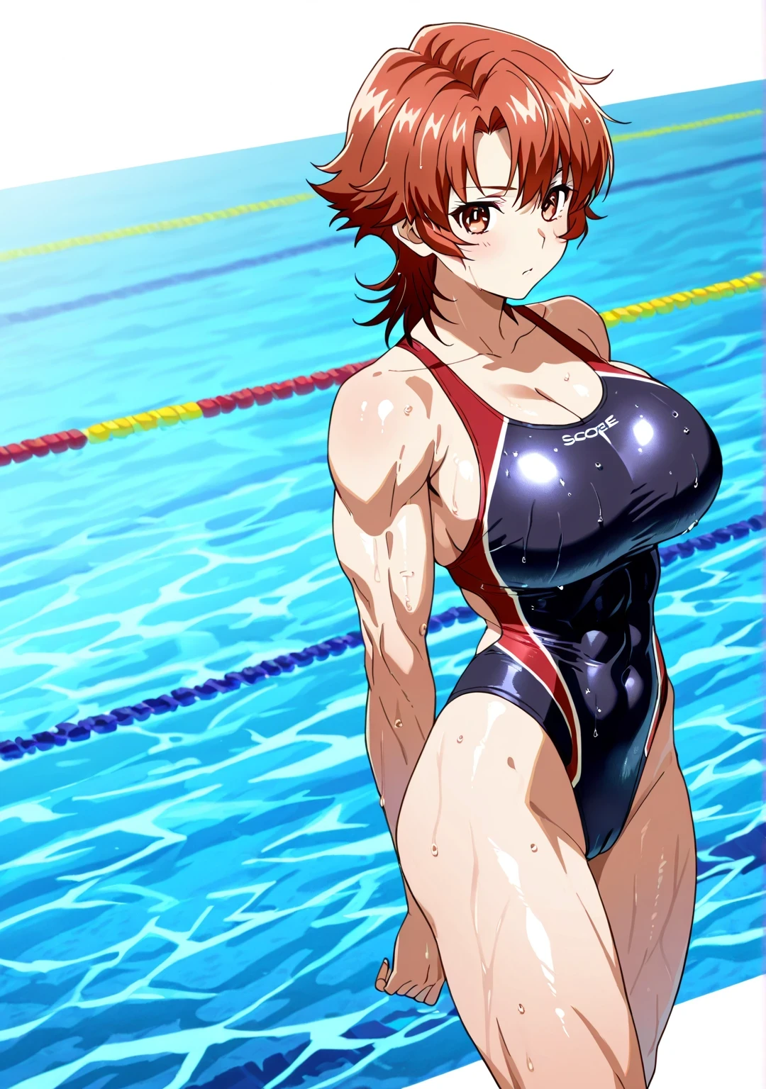 (8K、top-quality、masterpiece:1.2)、(realisitic、ultra-detailliert、超A high resolution,beautifull detailed face,perfect body,perfect lighting,constriction,beautiful detailed skin,skin texture,(1girl),competition swimsuit,wihte,navel cutout,collarbone,highleg,erect nipples,cameltoe,short hair, ahoge, red hair, purple eyes, purple hair,swimming pool,sweat:1.2,see through)