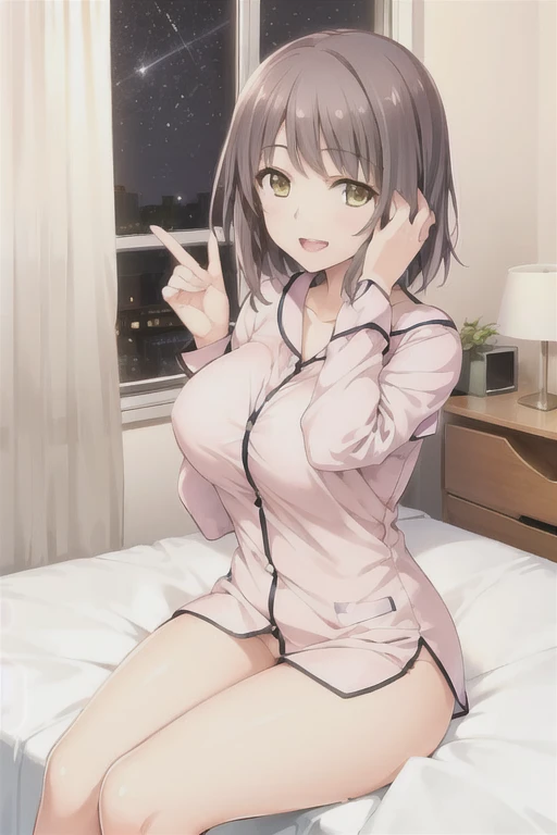 Solo Girl, 18-year-old,Medium Hair, Dark brown hair, Brown eyes, Mid-chest, looking at the camera，Wear only the white coat，No underwear or bra， A body is visible through the white coat，On the bed，sit､Leg spread，Spread your legs，, indoor, hospital, highest quality, High resolution, Very detailed, Detailed Background, Perfect lighting