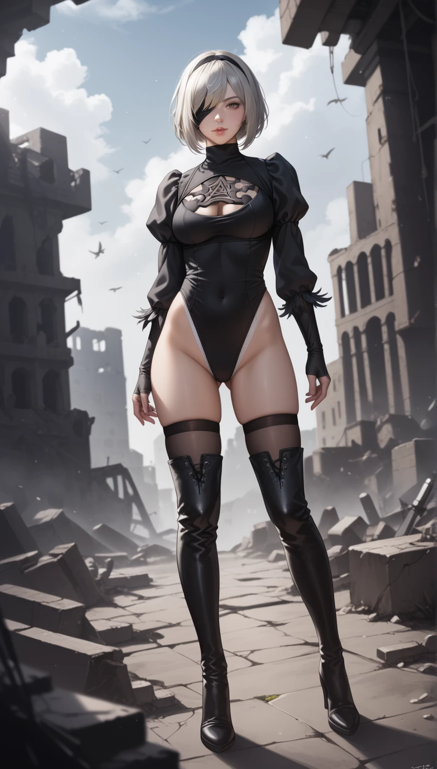 Extremely high, Strong, Busty and sexy woman，独奏，full body shot shot，By bangs，long whitr hair，By bangs，（looking at viewert：1.3），（Perfect facial detail：1.2），realisticlying，bblurry，depth of fields，looking down on the camera，1girll，Oversized breasts，爆乳，Thick breasts，Slender waist，Exaggerated huge fat buttocks，Extra long thick legs，Thick legs，motionblur，cparted lips，（废墟：1.5），black cats，the night，the clock tower,(Burst breasts:1.5)，Stand up，(full bodyesbian:1.1),(huge tit:1.2),Full body shot in black boots。