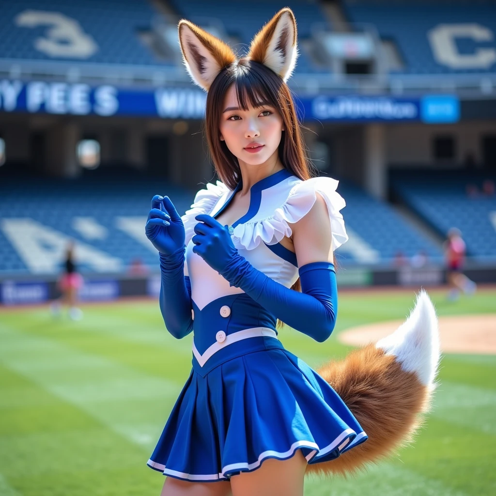 (Masami Nagasawa　high kick),(white panties),(shoot from below),cheerleader open thighs,coverd nipples,
1 girl, solo, cheerleader, perfect hands, open mouth, smile, long hair, blushing, brown hair, ponytail, belt, (fox tail), (fox ears), navel,crop top, blue skirt, pleated skirt, midriff , removable sleeves, elbow gloves, looking at viewer, outdoors, stadium, blurred background,