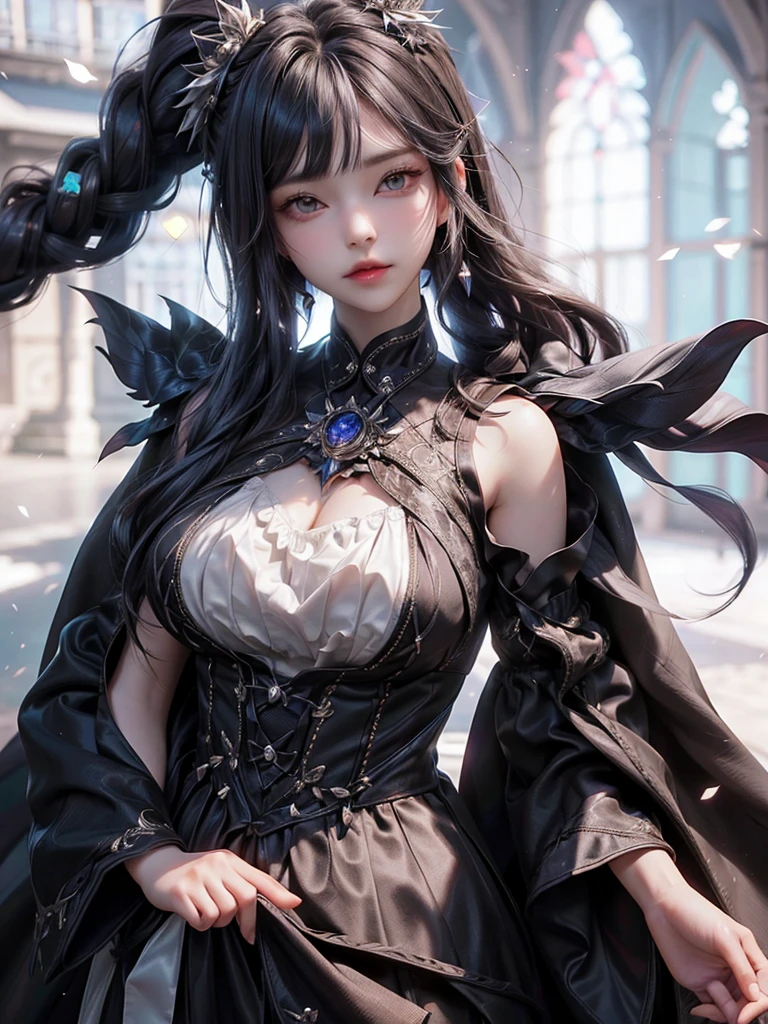 Dark fantasy,windy weather, real raven、 ((highest quality、masterpiece、8k、best image quality、ultra high resolution、Award-winning work)、(accurate ???????:1.1)、(look at me and smile:1.1)、Shining fair skin with ultra high resolution、most detailed face、ultra high resolution detailed face、grey short hair flowing 、Beautiful face drawn in every detail、(blurred background:1.1)、 red and black gothic punk fashion, modest breast , real crow on the shoulder 