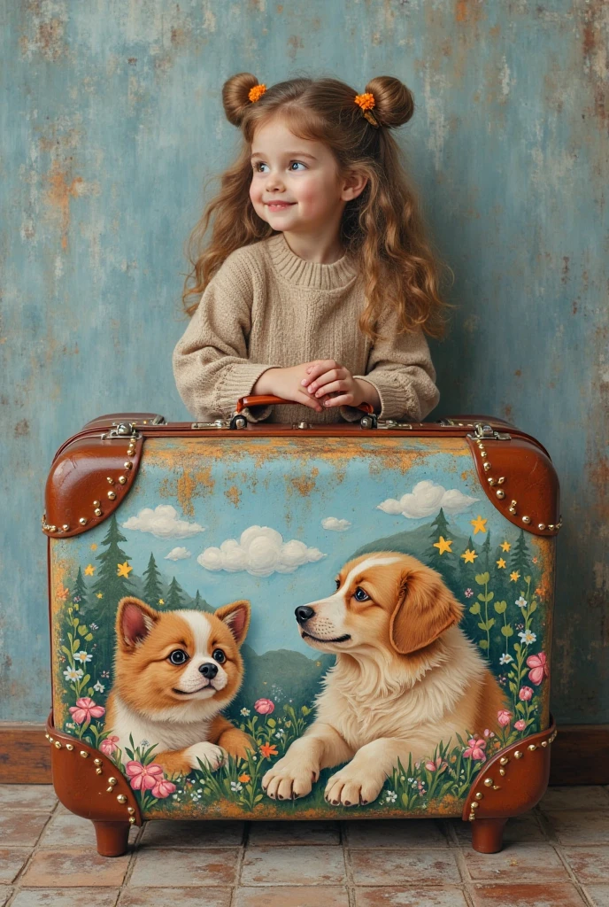 desenho aquarela, texture painting colored pencils, a little blonde girl with a brown coat and yellow buttons, she is on top of a puppy trying to get letters from a mailbox