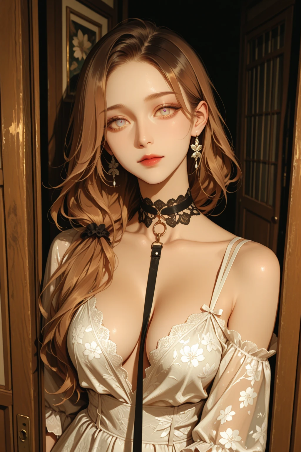 1girl,long hair,thin hair,straight hair,Swept bangs,extra light coppery amber hair,hair over one eye,realistic,8k,ultra HD,high resolution,best quality,masterpiece,Sense of presence,Dynamic,bold