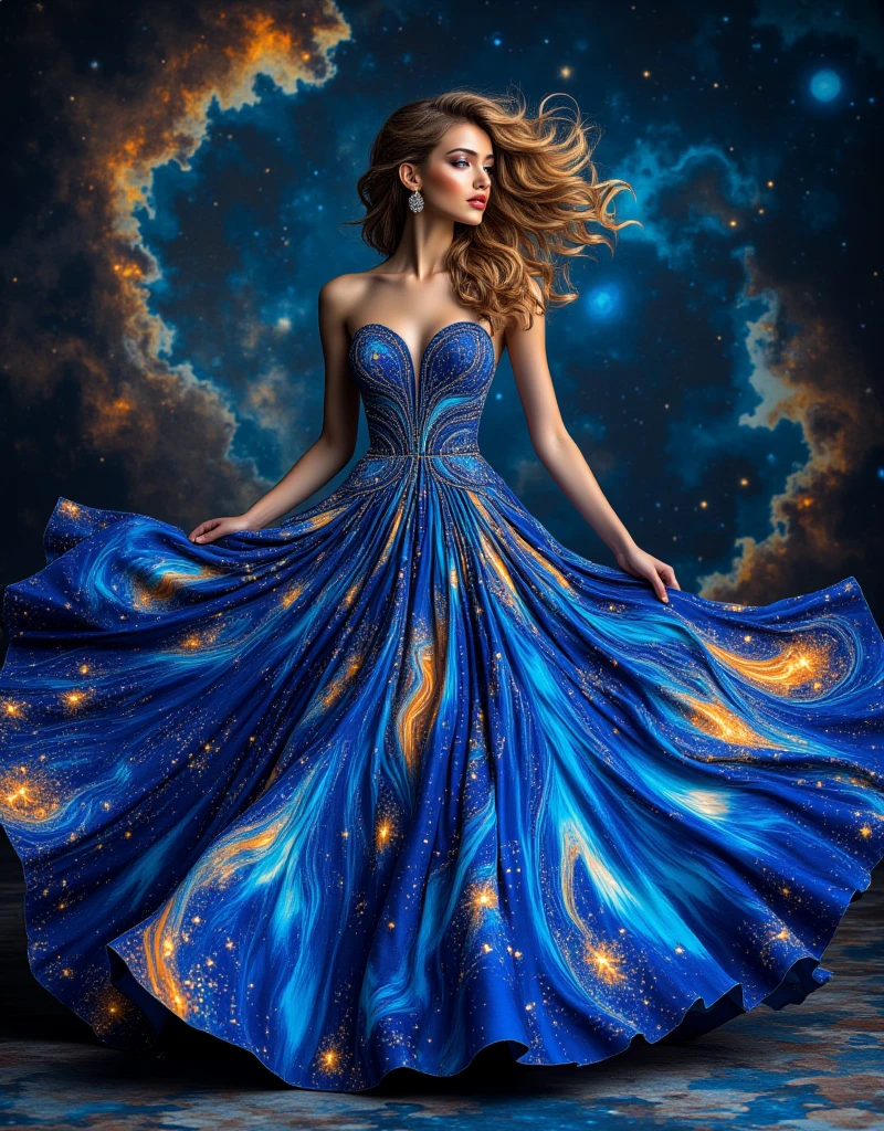 a glamour picture shot, of an elite model covered in stars, walking on a (dark catwalk: 1.2), an extraordinary glamourous elite female model, ((full body: 1.5)),  ((anatomically correct: 1.5), (ultra detailed face: 1.2), best detailed face, yrllow hair, long hair, lush hair, glam hair cut, blue eyes, delicate face, light make up, wearing intricate detailed dress, glamour dress, haute couture dress, elite fashion dress, black as night dress, decorated with bright stars, starlight,  small cleavage, wearing high heels, elegant high heels, she wears diamond necklace, she is glows in a soft starry light, she walks on (asteroid catwalk: 1.2), elite fashion show background, vibrant, Hyperrealism style, vibrant, Ultra-high resolution, High Contrast, (masterpiece:1.5), highest quality, Best aesthetics), best details, best quality, highres, ultra wide angle, 16k, [ultra detailed], masterpiece, best quality, (extremely detailed) RAW, chumbasket art style, magical sky, star