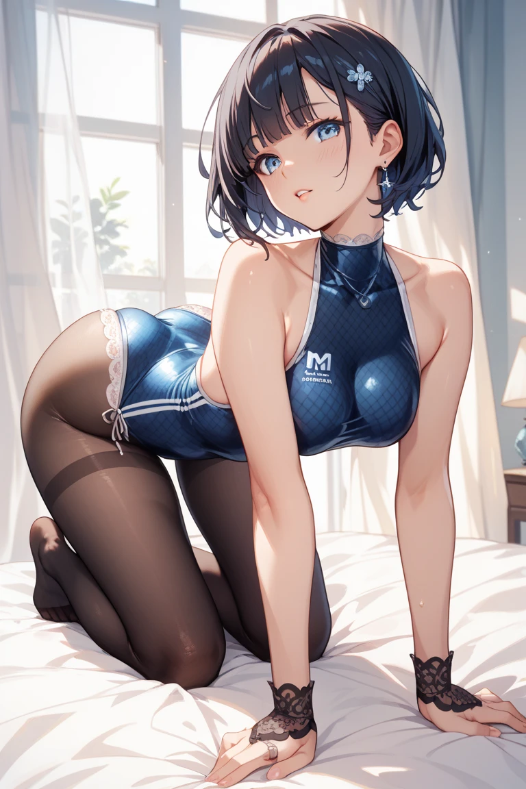 A girl is posing for a photo, cute女の子,, ((Swimsuit:1.4)、(Black Pantyhose:1.4))、 Earrings、 

(((超High resolution)), ((highest quality)), ((masterpiece)), (Very detailed), (High resolution), (Beautiful sparkle), (High detail), (Anatomically correct)), ((Realistic)), ((The best CG)), Highly detailed art, CG illustration, 16k, 1080p, Oil paints:1.2,   

(((One Woman))), 
(Symmetrical facial features:1.4, Perfect Face), Beautiful clavicle, (Beautiful fingers), (Beautiful breasts, ((Small breasts))), 
Beautiful body, Beautiful thighs, Beautiful legs, Perfect round ass, (((Detailed skin, Oily skin, Textured skin, Beautiful Skin:1.4))), 

(((Baby Face, cute, 5 years old、low length))), 
(Slanted Eyes, Expression of fine eyes, Beautiful and delicate eyes, Sparkling eyes, Eye Reflexes, Dark blue eyes), 
(Beautiful Nose,Thin Nose), 
(Smaller mouth, Glossy lips, Beautiful Lips, Thick lips), 

(Beautiful Hair, Shiny Hair, Shiny Hair), Hair fluttering, (Blonde, Forehead:1.4、Twin tails:1.4、Black string ribbon), 
break 

(Embarrassing、Blushing、Fatty face), 
break 

((Bedroom、Lie on your back on the bed:1.4、Spread your legs out to the side:1.4、Place your arms behind your head:1.4)), ((Angle from below))
