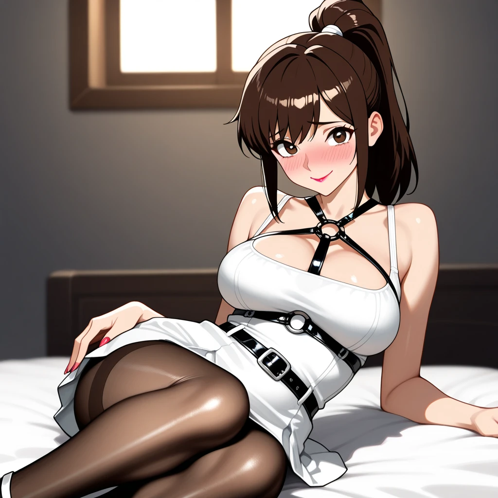 SFW、top-quality、Full limbs、complete fingers、1 beautiful woman,mole under eye、、sweat、Slender beauty、straight haired、Brown hair、((white Nurse Leotard))、(Perfect body very skinny beauty:1.5)、cleavage、White pantyhose、hospitals、Hospital Room、on Patient bed、vulgarity、spoken heart、( tan skin:1.6)、(open legs:1.5),(open mouth:1.2),
