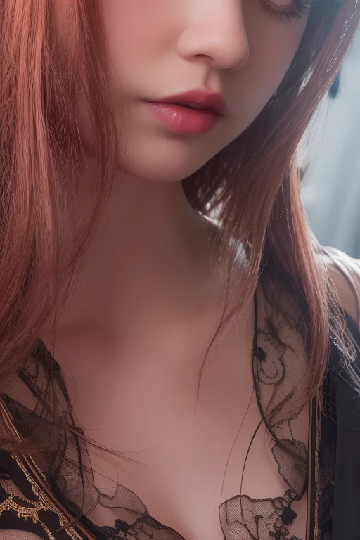 beautiful red-haired woman with long, straight hair falling under her shoulder, wings, with angel wings, wearing high school clothes, blouse with red tie and red mini skirt, black socks that go up to the knees and all star sneakers, red makeup around the eyes making a drawing on the face, purple eyes,  red lipstick, a mole on the left side of the mouth, perfect face, expression of shame, cute expression, perfect body, round chest, big ass, thick thighs, whole body, detailed scenery, detailed photo, masterpiece, 8k, raw photo, perfect lighting