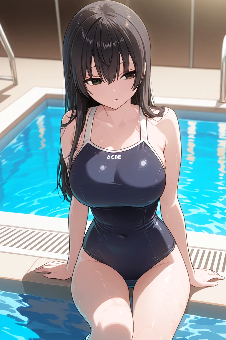 A 27-year-old female office worker enjoys her holiday at the indoor pool.、dark brownの髪色でロングボブヘアーです、A swimsuit top with an overlapping layer of indigo cloth that covers 4 cm below the right collarbone to the bottom of the left nipple, and a blue cloth that covers 4 cm below the left collarbone to the bottom of the right nipple.、Indigo swimsuit panties with ribbons on the sides、I am wearing a pareo skirt that is slightly transparent so you can see my panty line around my waist.、The ceiling and walls are made of glass、You can see the night sky outside the glass、The lower half of her cleavage is hidden by cloth、It's late night now