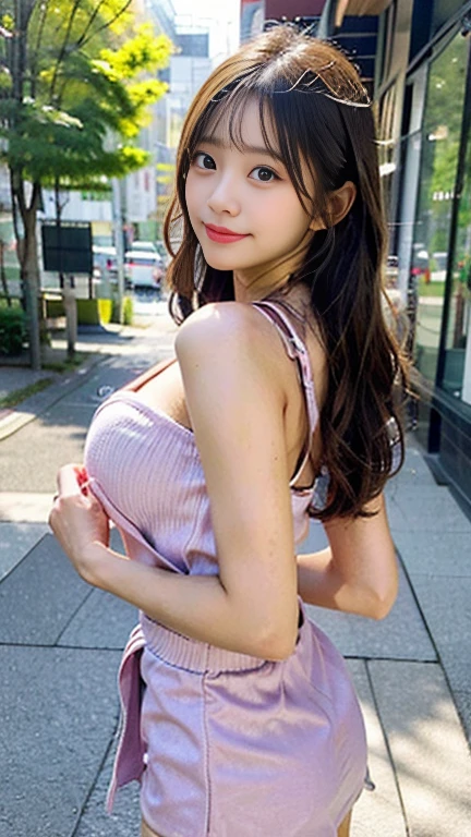 Tzuyu 1, woman, (Realistic), (Hyperrealism), (photoRealistic), Written boundary depth, eye make up:0.7 (whole body:1.8), (Large Bust),(Tight waist), Observe the audience,At the flower garden, Fashion Model, A sexy dress with open shoulders and neckline