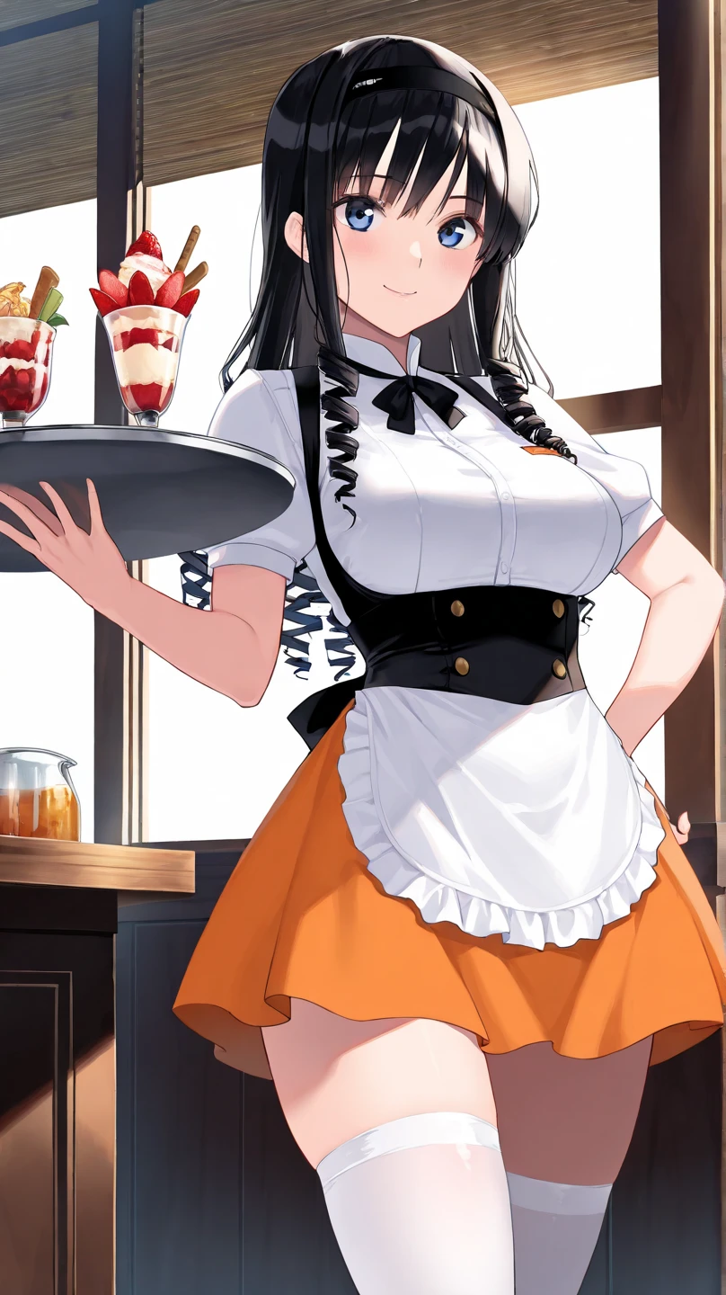 Italian girl 25 years old, very long black hair, with a super immense chest, dressed as a waitress, the dress for her breasts