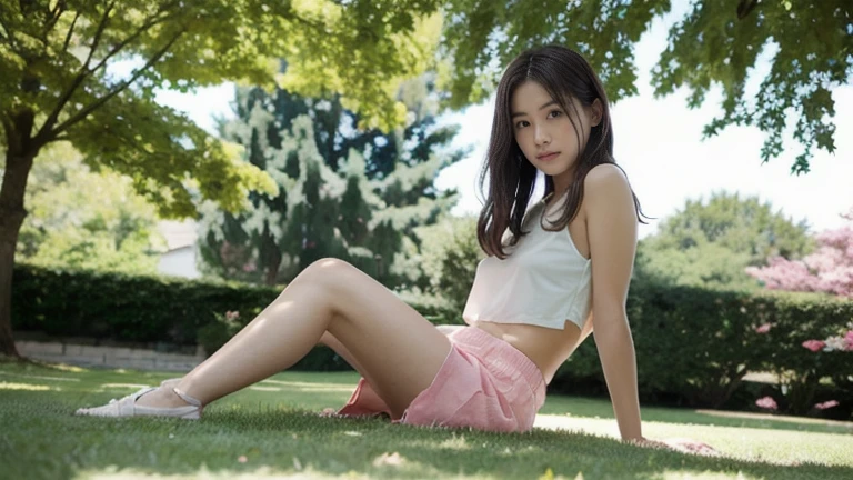 ((No clothes))、((Crouch)),Completely ?????、Girl1people,Thick pubic hair,Small nipples、Slender body、Being thin、Long, slender legs、With legs apart,MCharacter splits、loafers,Young face、bangs,A small smile,Thighs,knees,Low ponytail with barrette,,school bag,From below,Front light,Cherry blossoms in the park