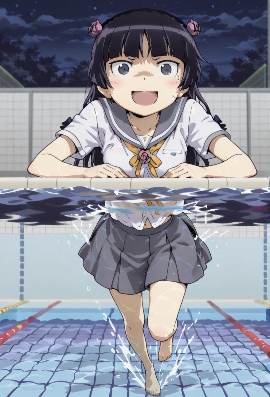 score_9, score_8_up, score_7_up, source_アニメ, masterpiece, 1girl, watahana, blue eyes, hair ornament, hair flower, school outfit, blue dress, sailor dress, white sailor collar, red bow, sitting, hugging own legs, outdoor, school yard, field, cowboy shot, looking at viewer, indoors, open mouth, Black Hair、Shiny Hair, Primary school students、Skirt fully open、Long wide skirt、cute、White underwear、blush、Watery eye、Lots of water、Wet、((Wind power increase))、The skirt floats on the water、(drowning water)、(Underwater Shot Of The Swimming pool)