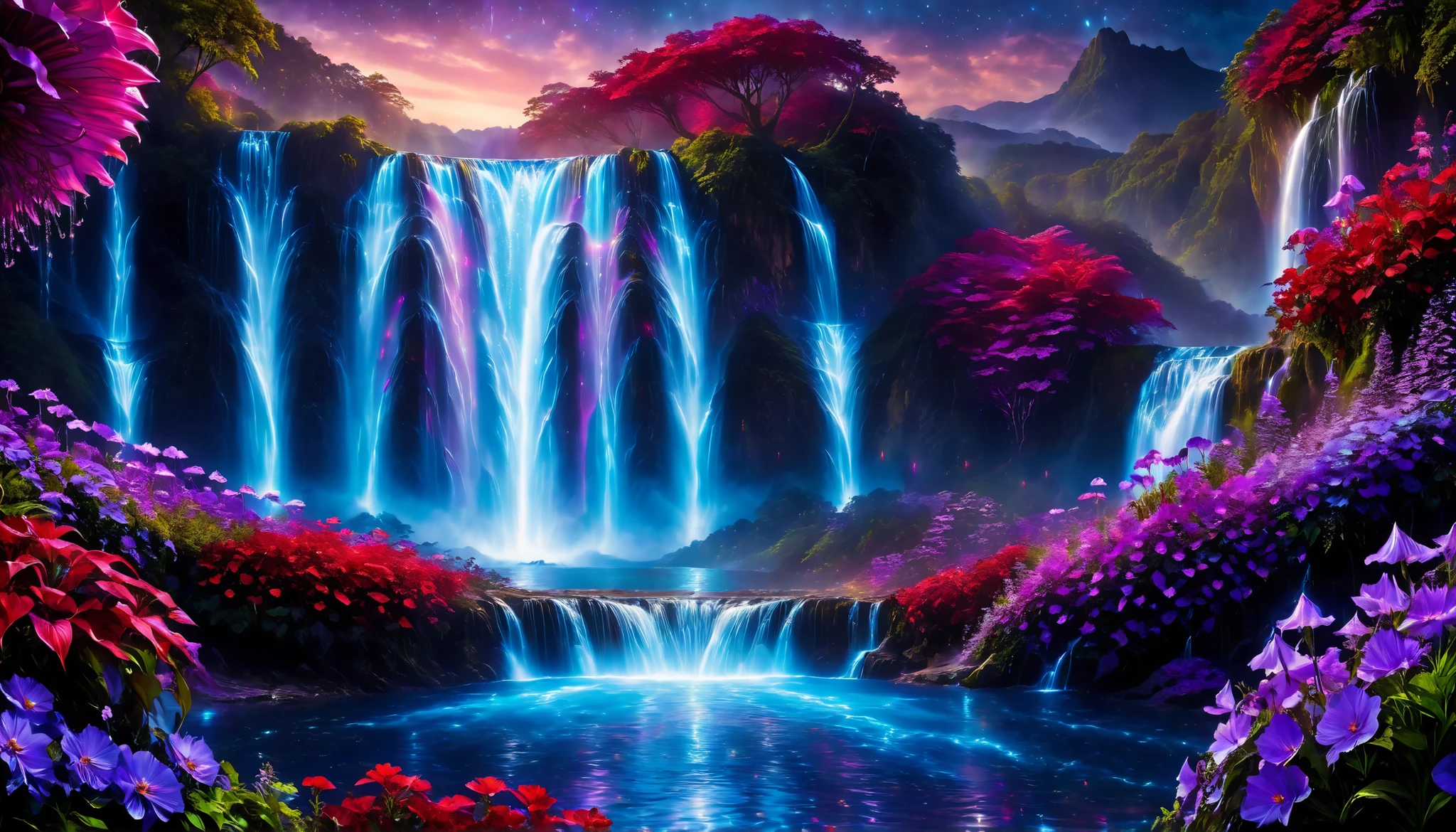 Shiny purple |Pink|blue waterfall amongst strange magic flowers, At night, glowing fairy lights , magic, High quality fairyland waterfall, Realistic Water, ripple, 8k,(A mysterious and majestic large waterfall that can be seen in the back:1.5),Scenery photos of the most beautiful country in the world,(Large blue, purple, and red flowers are in full bloom:1.5),
