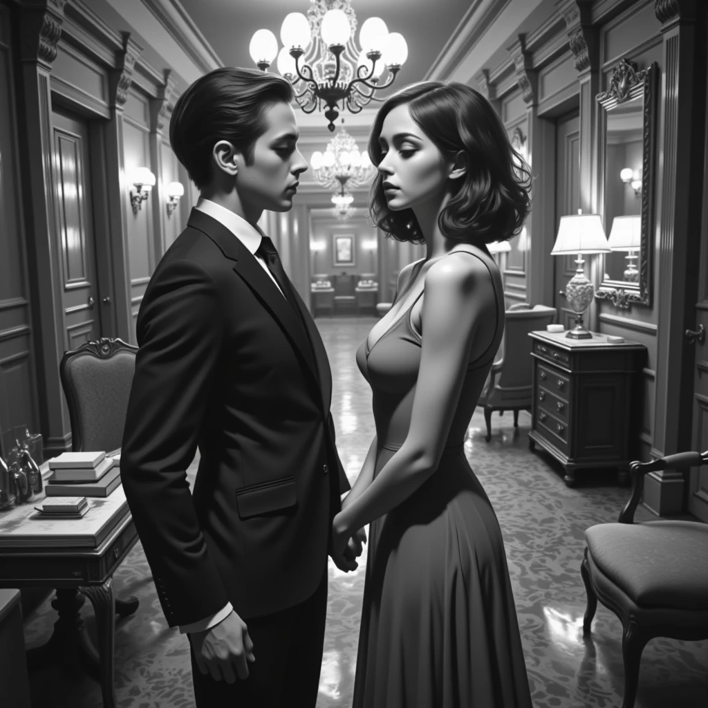 Create an image of Hannibal and Will with black and white cats as if they were in love in a time like the 50s