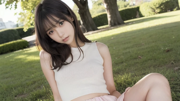 masterpiece, top quality, ultra high definition, 1girl, cinematic lighting, perfect artwork, portrait, beautiful, small breasts, young, detailed eyes, curly, light brown hair, cute, adorable, seductive smile, necklace, full body, kpop idol, teen, 16 years old, nature, flower garden, grass, pleated skirt, barefoot, white pleated skirt, thin thighs