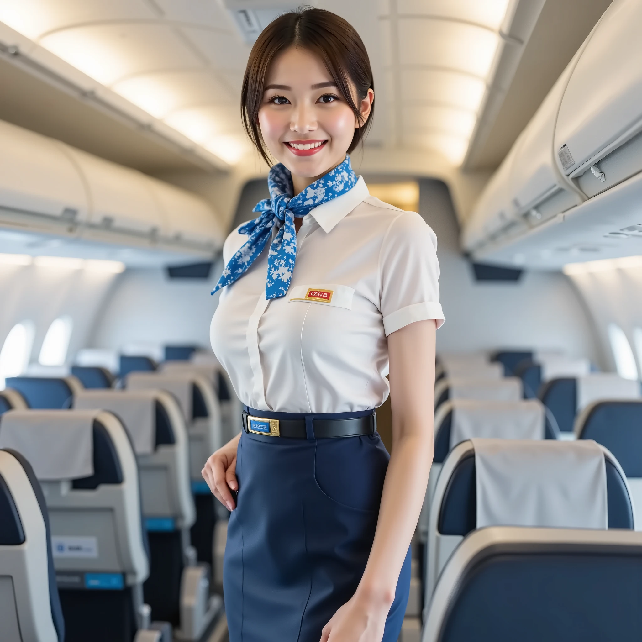 (best quality、table top、8k、winning work、 super high resolution 、best image quality)、(beautiful Japanese top idol woman wearing a JAL flight attendant uniform:1.1)、(white silky shiny shirt、Navy Blue Uniform、navy blue pencil miniskirt、blue floral scarf wrapped around the neck)、(the most beautiful smile that looks at me:1.1)、beautiful and elegant hair wrapped at the back、brown hair、 after the first、(she stands gracefully:1.1)、(Inside an airplane in the background:1.1)、natural makeup、accentuates your body line 、 Rich Breasts 、 soft and warm lighting 、detailed airplane interior、(super high resolution の正確な美しい髪:1.1)、(accurate anatomy:1.2)、beautiful eyes with ultra-high definition、(big boobs),
