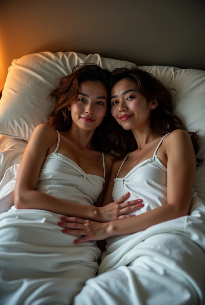 Shoot Bob Hair、short wavy hair、Small head、Sleeping in bed、Pale pink lips、Sleeping with your eyes closed、happiness、smile、、、tiny breasts、Pink Negligee、skinny body、Sleeping in any pose