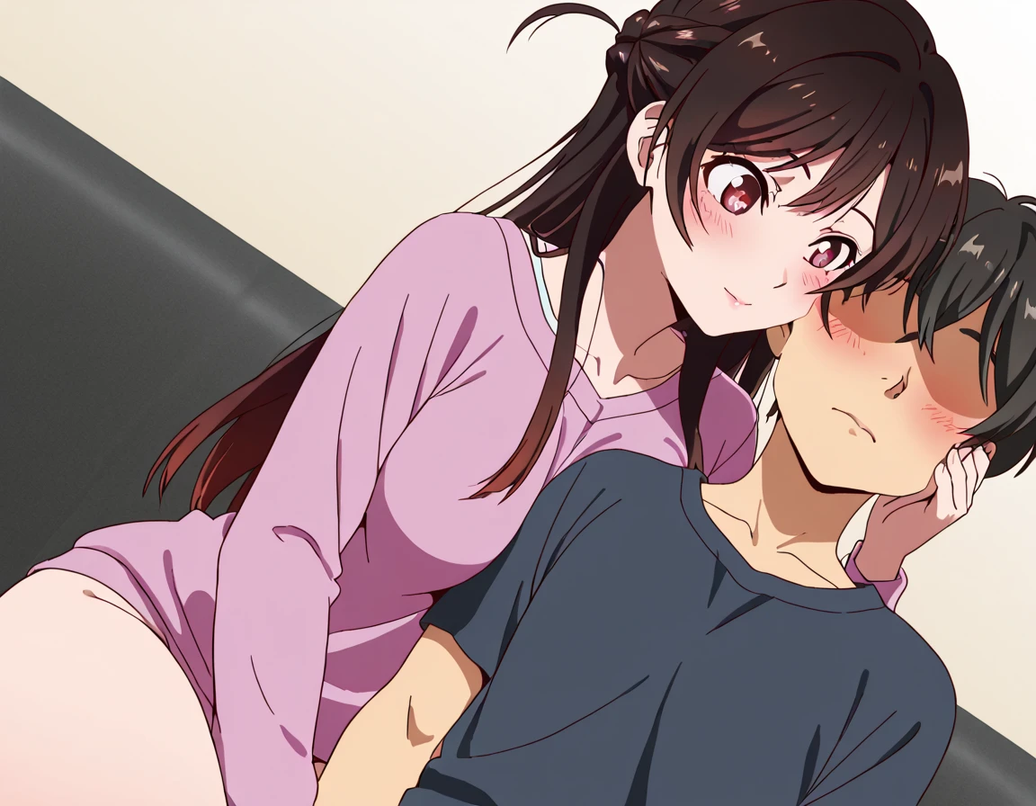 anime, two people, one beautiful female with long brown hair and no glasses and wearimg a collar with a leash, the other person is a male with short dark brown hair and black rimmed glasses and holding the leash in bed, they are boyfriend and girlfriend, in bed