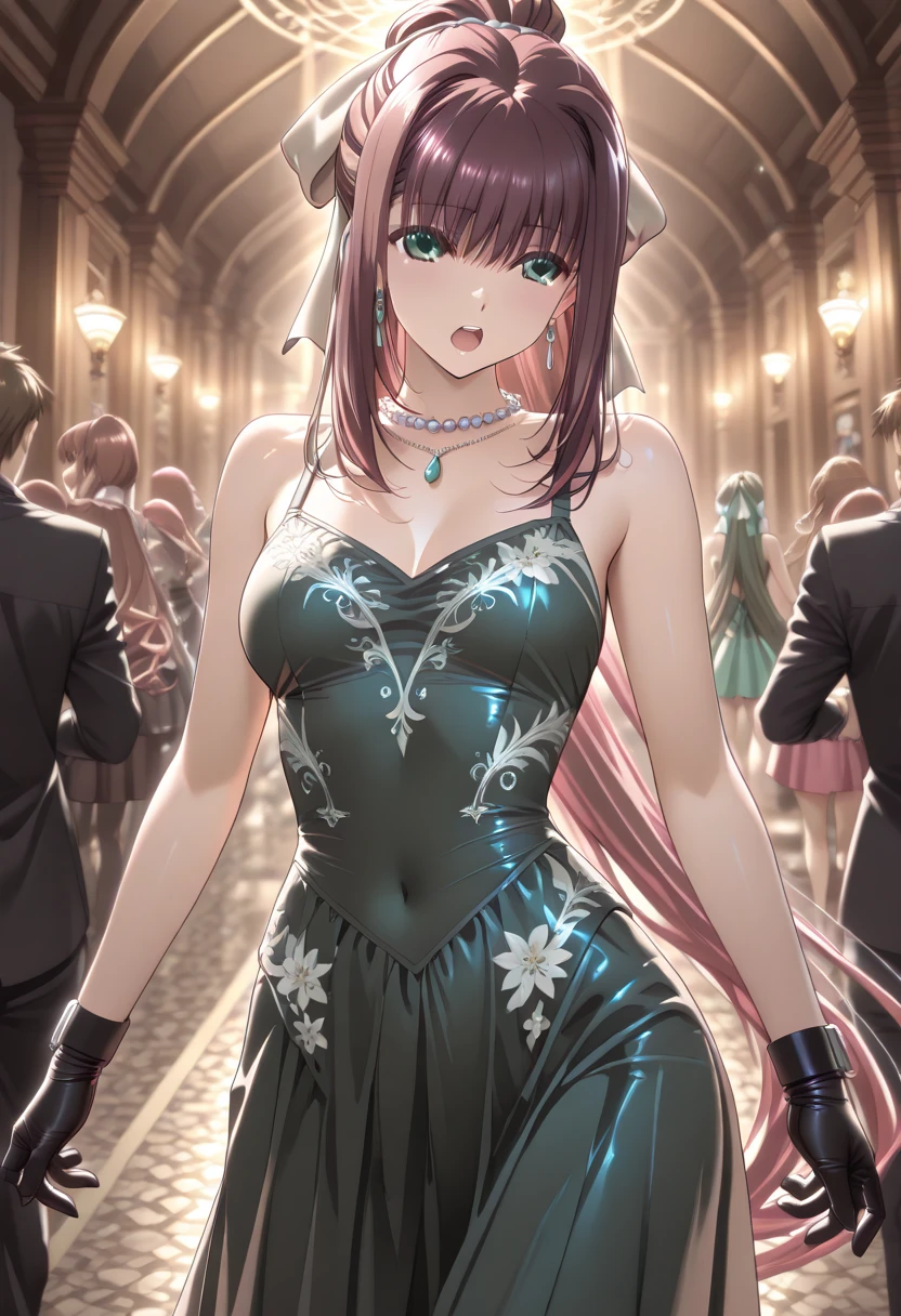 ((Highest quality)), ((masterpiece)), (detailed), (Perfect Face)、The woman is Lacus Clyne, the wife of a mafia boss. She has blue eyes and medium-long pink hair. She is the wife of a mafia boss and is dressed luxuriously in a gorgeous black long slit dress, adorned with luxurious accessories and an engagement ring.、She is embraced by her beloved mafia boss and they are in love and close together、女はShe is embraced by her beloved mafia boss and they are in love and close together