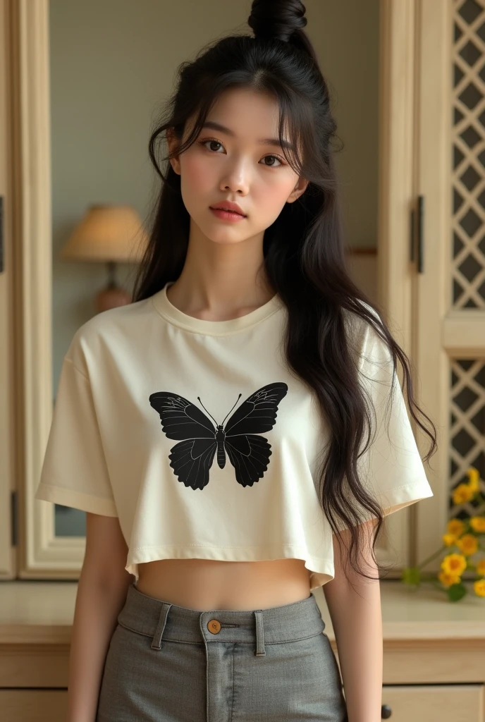 Two,25-year-old little beauty,small heads)Wear a white T-shirt printed with a translucent pattern,wearing a denim pants,Full body photo,Close-up shot,messy hair style,蝴蝶结🎀背景大街,Classroom,Standing and posing,Slim figure,Small lips,mature